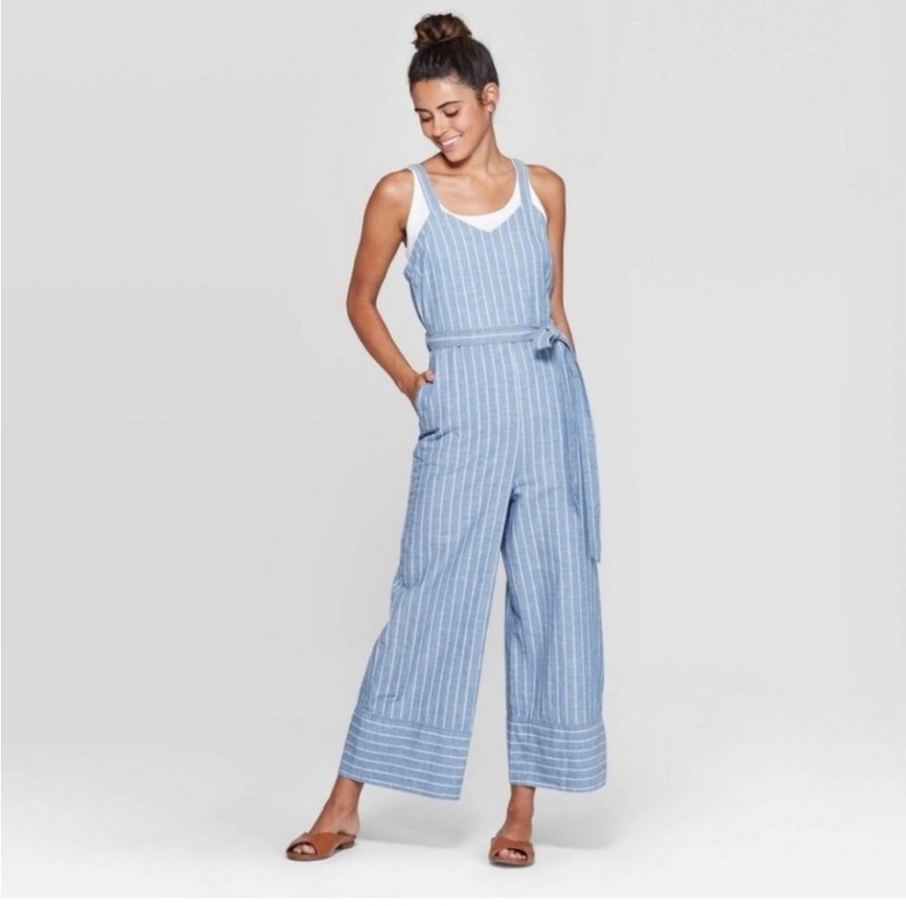 ✨ Universal Thread Blue Chambray Cotton Stripe Cropped Wide Leg Jumpsuit ✨